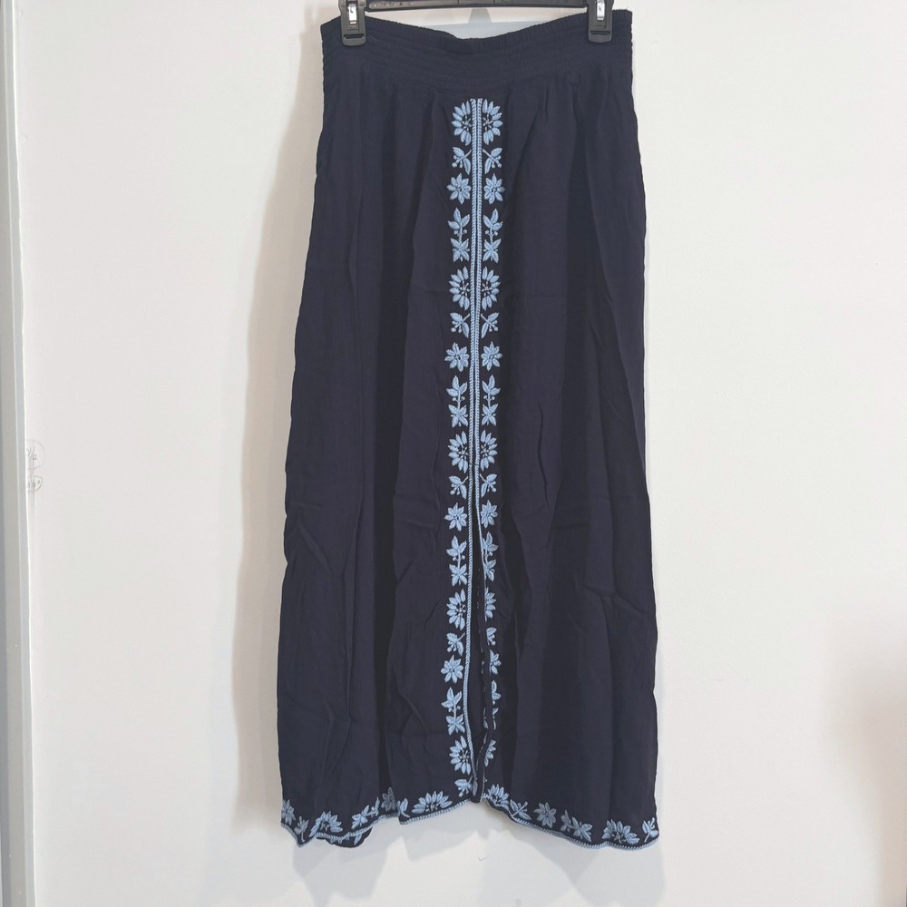 Soft Surroundings Maxi Skirt Western Blue Embroidered Smocked Boho M 21930